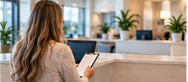 Patient checking in at a medical office reception desk
