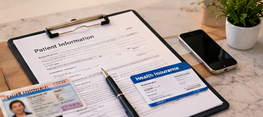 Patient forms identification and insurance information prepared for a medical visit