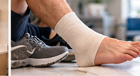 Bandaged ankle representing treatment for a minor urgent care injury