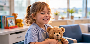 Child in a comfortable medical setting holding a teddy bear