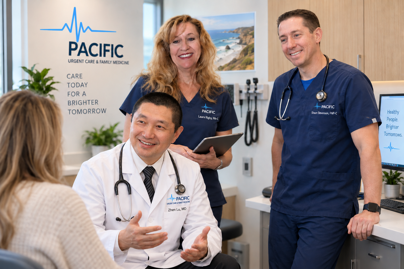 Pacific Urgent Care and Family Medicine clinical team meeting with a patient